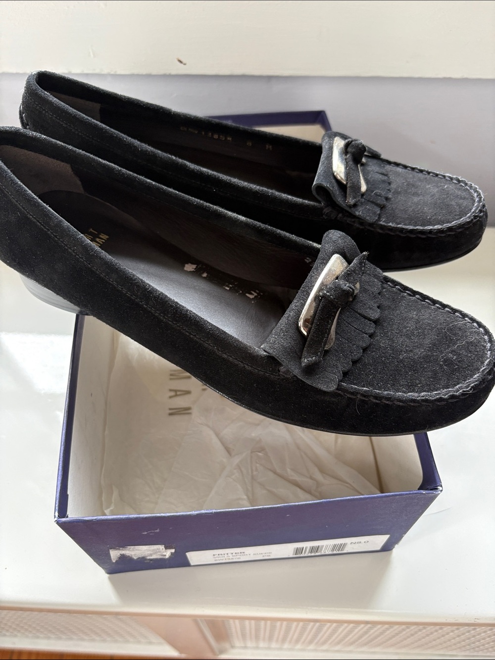 Stuart Weitzman Black Suede Tassel Loafers with Silver Hardware